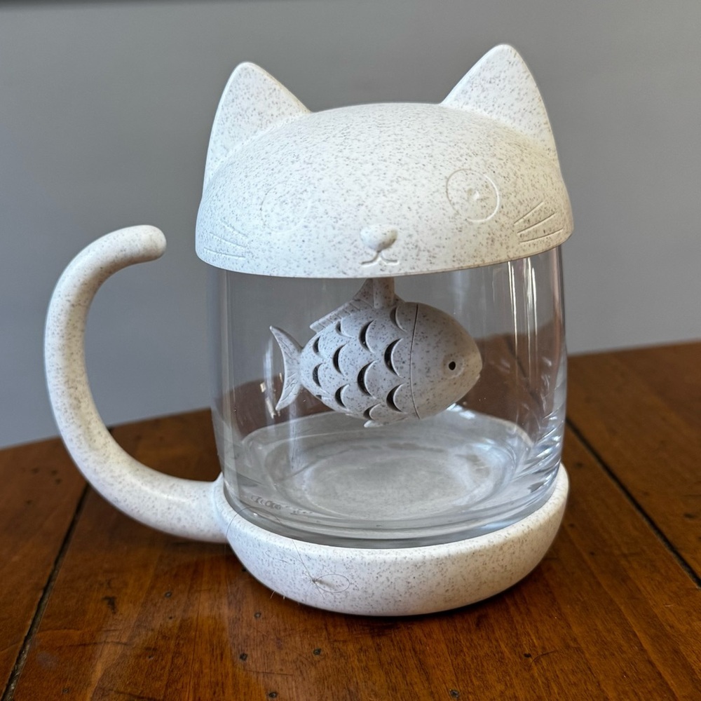 Cute Cat Glass Cup Tea Mug With Fish Tea Infuser Strainer Filter - Picture 3 of 13